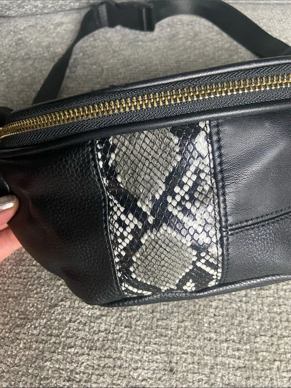 Black Faux Leather Crossbody Waist Bag with Snake-Print Panel